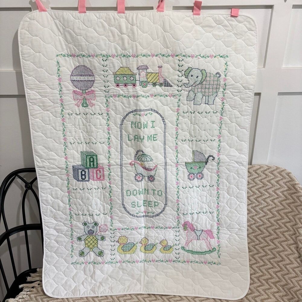 Vintage Cross Stitch Now I Lay Me Down To Sleep Wall Hanging Quilted Blanket